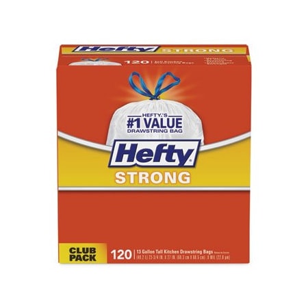 Reynolds Hefty, STRONG TALL KITCHEN DRAWSTRING BAGS, 13 GAL, 0.9 MIL, 34in X 48in, WHITE, 90PK E84574CT